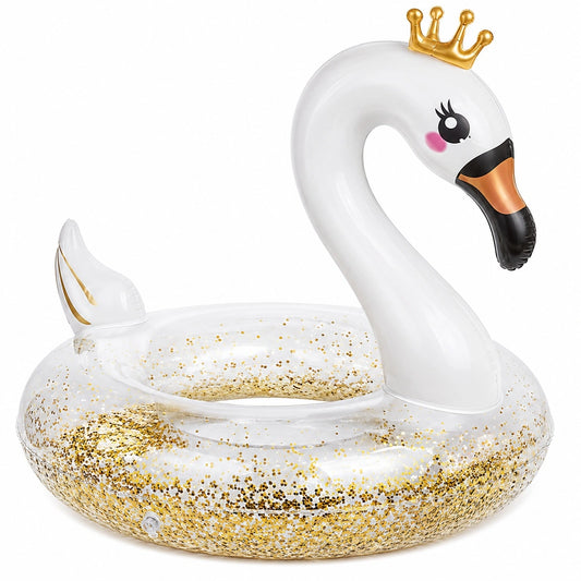 Aufblasbarer Schwan-Schwimmring mit Glitzer und Krone Weiß/Gold 110 cm